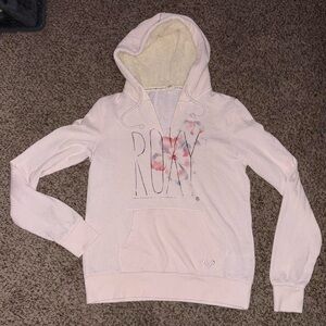 Vintage Roxy Y2K pink floral v neck hoodie with fur lining on the hood